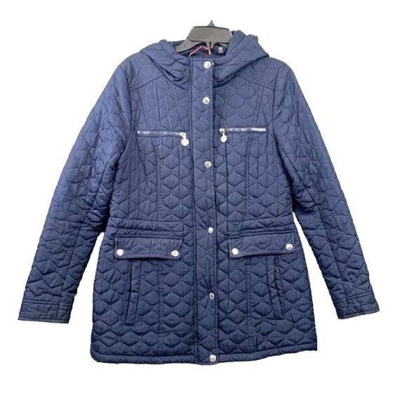 Tommy Hilfiger Women's Quilted Zip Front Puffer Jacket w/Hood-Navy Blue, Sz M - Picture 1 of 10